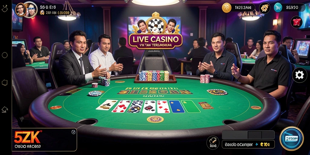 Screenshot gameplay 5ZK menampilkan dealer profesional dan suasana kasino yang hidup.