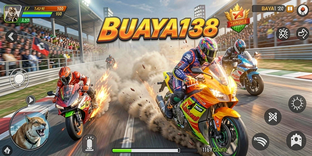 Gameplay mendebarkan dari BUAYA138 dengan balapan motor yang penuh aksi.