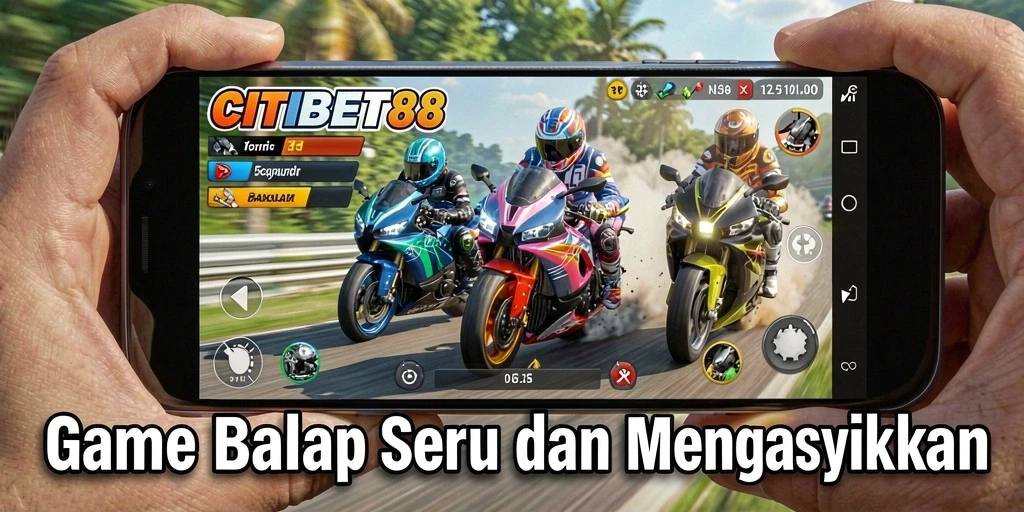 Tampilan gameplay CITIBET88 yang mendebarkan di trek balap motor.
