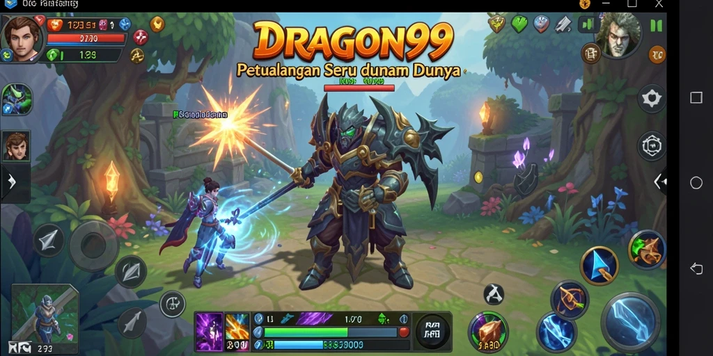 Screenshot gameplay <strong>DRAGON99</strong> menunjukkan pertempuran seru dan dunia yang memukau.