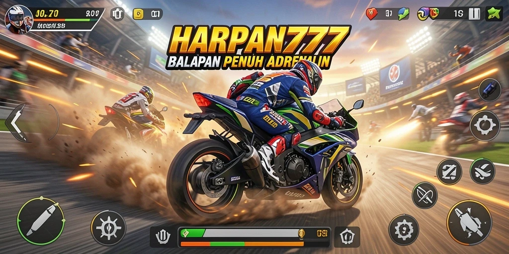Screenshot gameplay <strong>HARAPAN777</strong> menampilkan aksi balapan motor yang mendebarkan.
