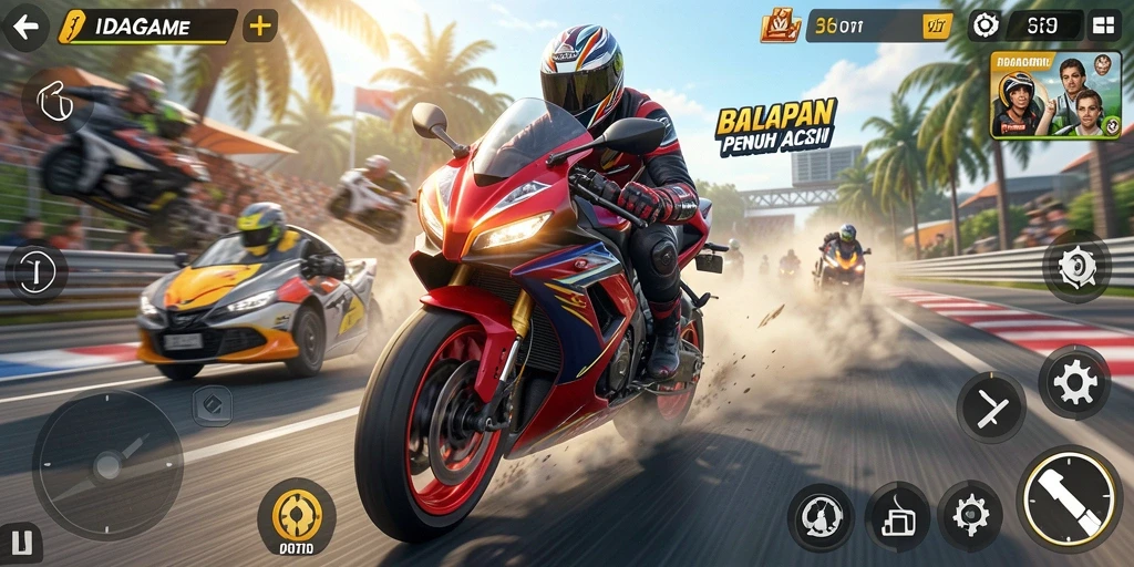 Tampilan gameplay IDAGAME yang mendebarkan dan penuh aksi balapan motor.