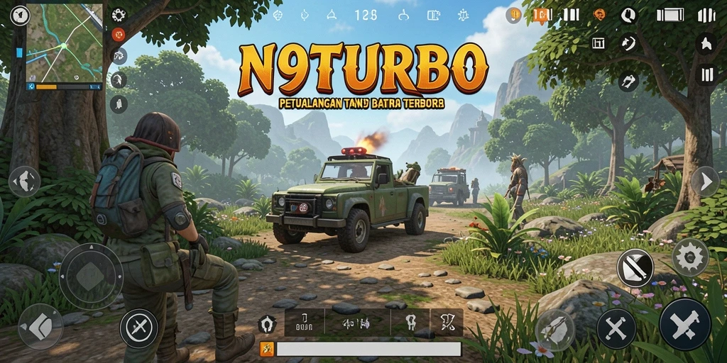 Screenshot gameplay N9TURBO menampilkan aksi petualangan di dunia terbuka yang luas.