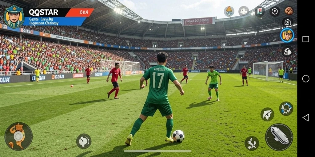 Screenshot gameplay QQSTAR dengan aksi mendebarkan di lapangan sepak bola.