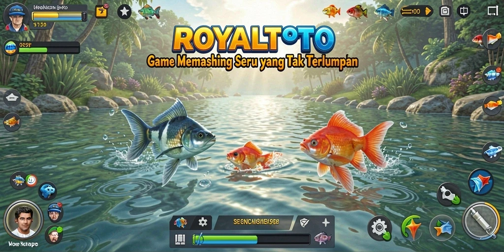 Tampilan gameplay ROYALTOTO saat memancing di danau yang tenang.